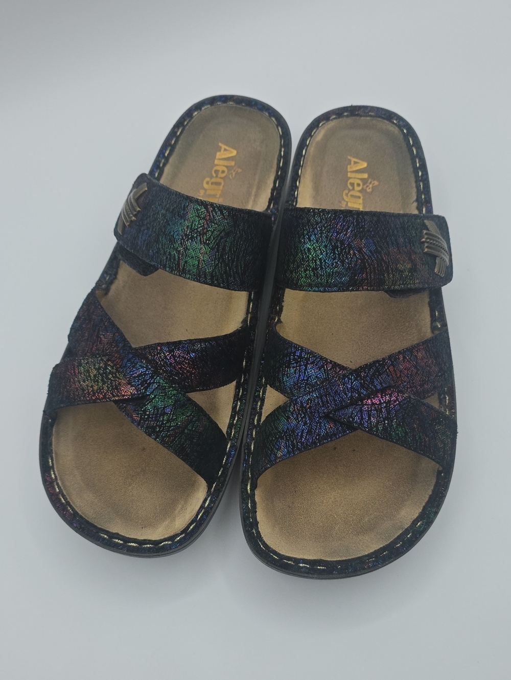 Alegria Women's Black Iridescent Multi Strap Sandals
